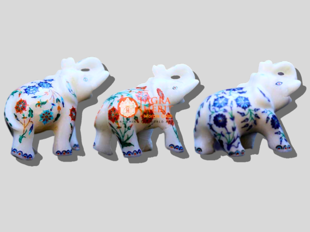 Marble 3 pcs Elephant Set Multi Inlay Stone Good Luck Gift